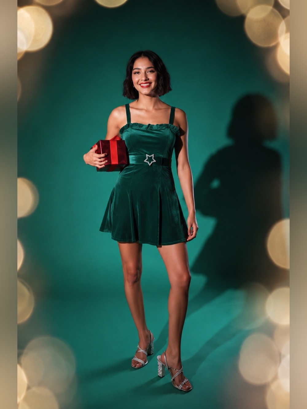 Johnny Wujek Emerald Green Velvet Star Belt Mini Dress